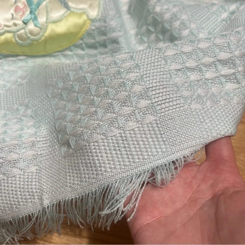 Vintage Light Baby Blanket Pastel Bear Sleeping on Moon Blue Fringe Blue Yellow